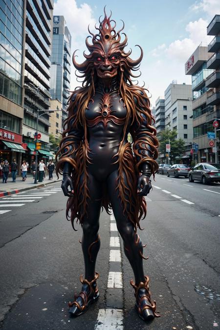 (1kaijin:1.2), (full_body:1.2),  solo,  (no_humans:1.2),  outdoors,  street,  city, people,
<lora:kaijin_v1_mix:1>
(masterpiece,  best_quality:1.3), (realistic:1.3), photorealistic,