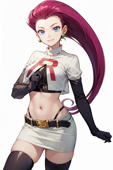 <lora:jessie-v2:1> jessie pokemon, solo, team rocket, gloves, hair slicked back, long hair, jewelry, skirt, navel, thighhighs, earrings, elbow gloves, team rocket uniform, crop top, blue eyes, midriff, white background, belt, black gloves, very long hair, simple background, smile, black thighhighs, purple hair, looking at viewer, breasts, white skirt, miniskirt