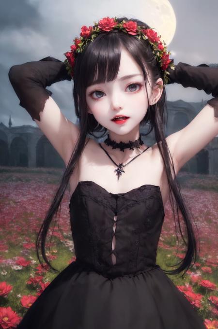 (masterpiece, high quality, simple art, dark shot, night:1.3), upper body, (a vampire girl:1.1), (having fun:1.1), arms behind head, (vampire fangs:1.2), flower crown, light sparkling eyes, sharp, pale skin, black dress, looking at viewer, medieval, (at flower field:1.2), open mouth, cozy, moonlight, night, (flat colors:1.1), choker, (warm smile:1.1)