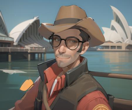 masterpiece, solo, half-length portrait, upper body, tf2sniper, red team, glasses, facial hair, cowboy hat, single glove, red shirt, grey pants, detailed background, outdoors, smiling, looking at viewer, ((sydney opera house)),  <lora:sniperlorav2:0.8>