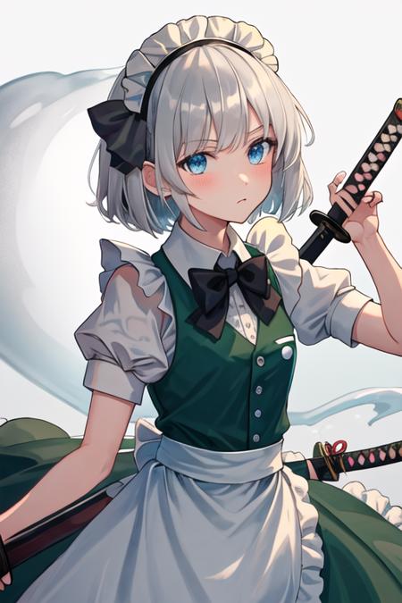 best quality, masterpiece, highres, solo, {maid:1.40}, {long maid dress:1.15}, {konpaku_youmu_touhou:1.15}, short_hair, ribbon, hairband, black_hairband, hair_ribbon, black_ribbon, bangs, white_hair, vest, blue_eyes, green_vest, sword, katana, hitodama, bow, blush, upper_body, black_bow, grey_hair