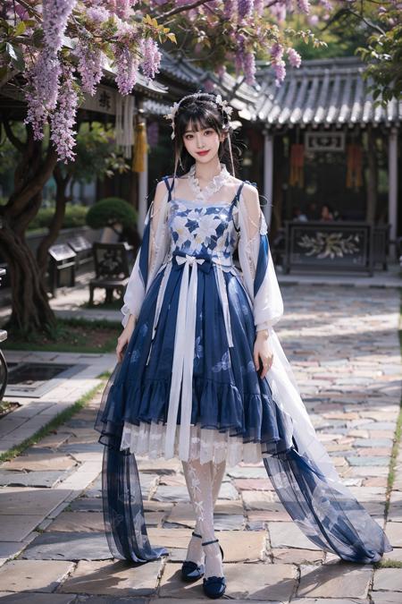 best quality, quality, masterpiece, photorealistic, 1girl, solo, long black hair, looking at viewer, smile, full body, arms at side, cyb dress, chinese clothes, see-through sleeves, print legwear, chinese garden, detailed background, <lora:cns_dress_vol2_style2_v1:0.6>