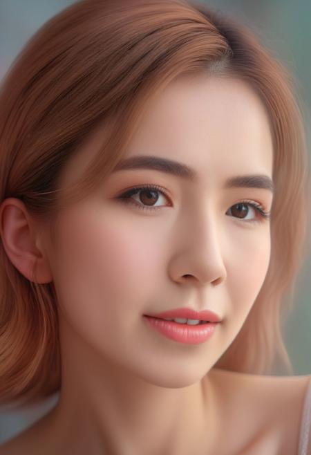 Beautiful woman, ethereal, high detail, portrait, elegant, delicate features, emotional expression, masterpiece, 8k resolution, Extremely high-resolution details, realism pushed to extreme, fine texture, incredibly lifelike, looking at viewer, solo focus, realistic, photorealistic, ultra realistic photograph, pastel background with pastel bokeh, Exquisite details and textures, grainy, face details, real face, perfect body, smile, 1girl, brown hair,