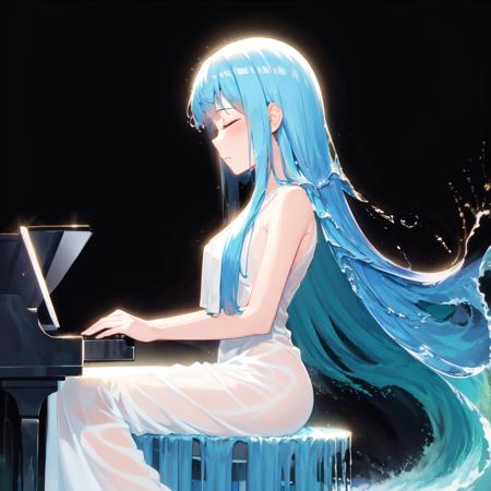 liquid hair,Transparent hair,
1girl, piano, instrument, dress, long hair, playing instrument, solo, music, white dress, sitting, water, sheet music, closed eyes, floating hair, sleeveless, sleeveless dress, white hair, bare shoulders, breasts, very long hair, bare arms, sky, night, bangs, from side, water drop, grand piano, medium breasts, closed mouth, long dress, profile, night sky