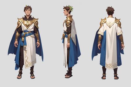 Back view, front view, side view, multi-view,Game characters, Original character design, hand drawing, laurel crown, greek clothes, one male focus, solo, cape, cape, sandals, helmet, smile, white background, simple background, dark skin, full body armor, brown hair short hair, standing