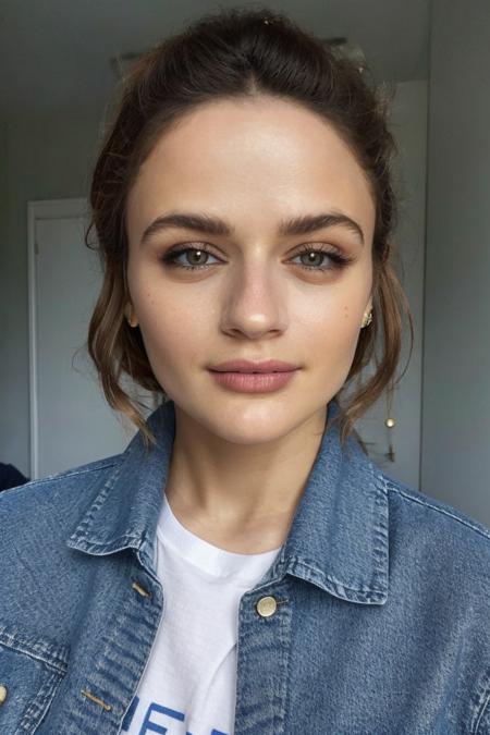 1girl, solo, portrait, close shot, denim jacket, smirk, female focus, photorealistic, soft colors, masterpiece, high quality, (high detailed skin:1.1)
 <lora:joey_king_lora_v01:1> joey99