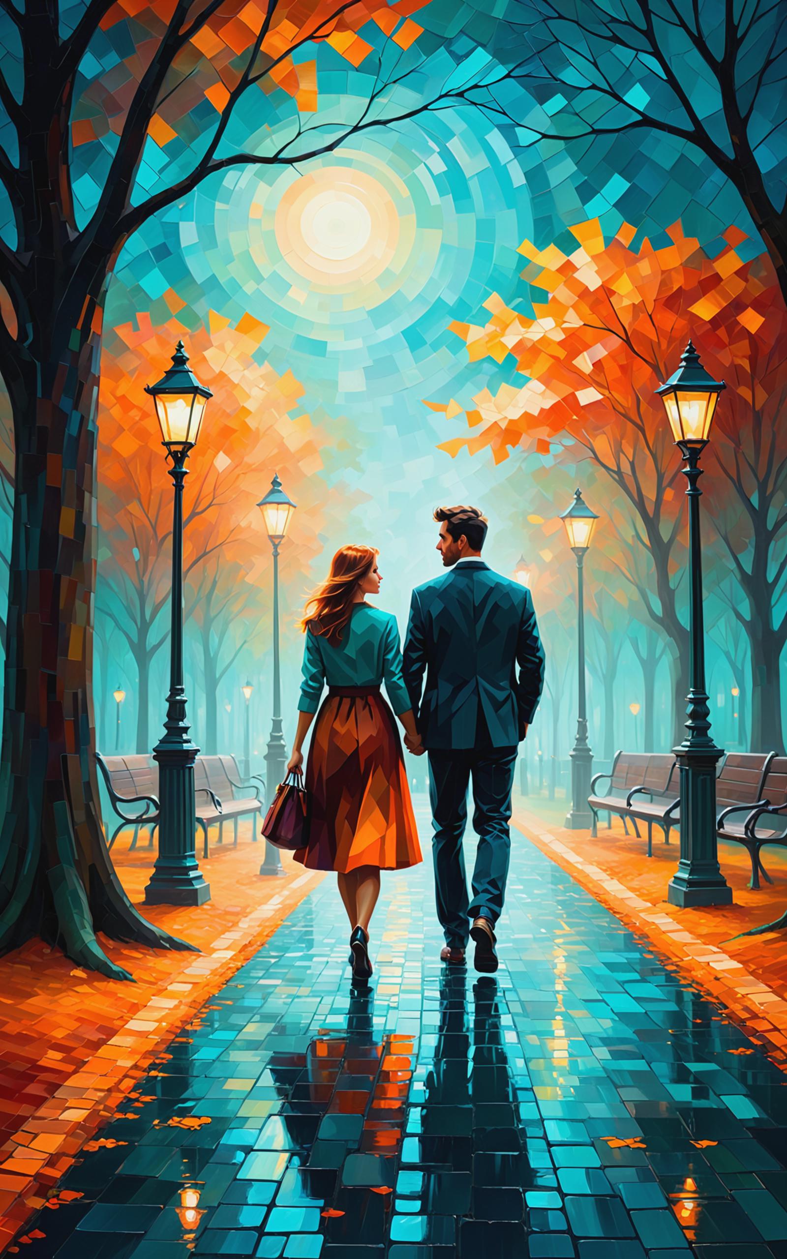A man and a woman walking down a path in the rain, holding hands, and surrounded by benches and street lamps.