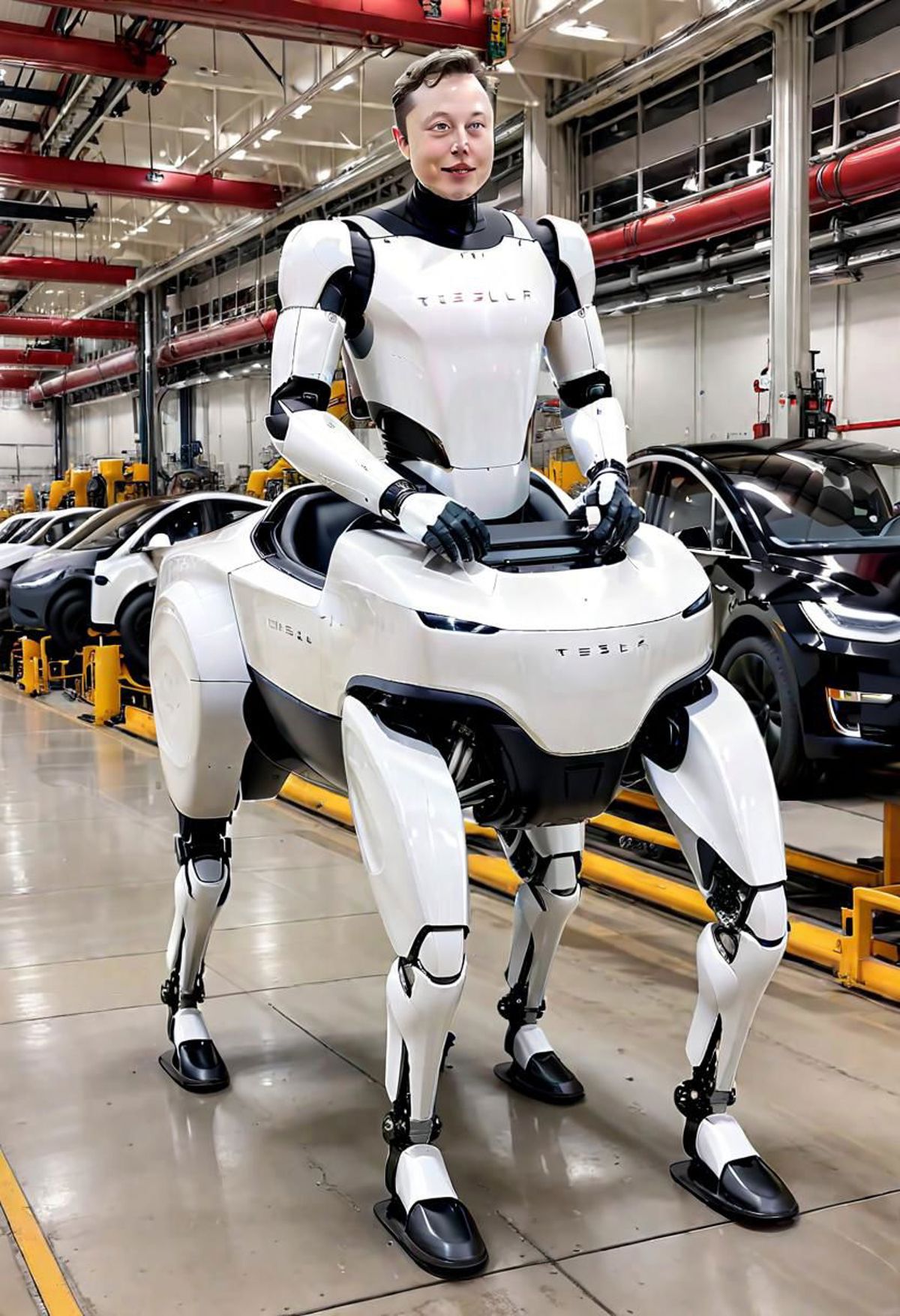 A robotic vehicle with a man's torso on top, surrounded by cars.