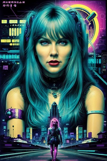 <lora:Taysway_V5-10:0.75> Taysway, adult woman, long turquoise hair, 80s movie poster themed, 80s poster style, psychedelic, mind blowing, trippy, retro artwork, (cyberpunk theme:1.3)