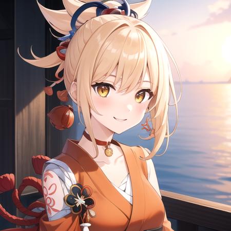 ((masterpiece)),(best quality),official art,extremely detailed CG,unity 8k wallpaper,ultra detailed,A lighthouse on a cliff by the sea,1girl,solo,upper body,(portrait:1.2),looking at viewer,hadanugi_dousa,sarashi,orange_kimono,japanese_clothes,arm_tattoo,blonde_hair,fingerless_gloves,smile,chest_tattoo,bandaged_arm,shimenawa,red_choker,hair_ornament,yellow_eyes,high_ponytail,bandaged_leg,flower_tattoo,bangs,medium_breasts,tabi,single_fingerless_glove,leg_armor,single_thighhigh,<lora:Yoimiya(gen)>,