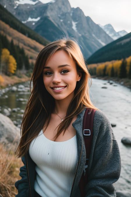 ((selfie)) photo of (hgr1ce-step-240:0.99), smiling, outdoors, mountains, wearing a backpack, sweater, hiking jacket, rocks, river, wood, analog style (look at viewer:1.2) (skin texture), close up, cinematic light, sidelighting, Fujiflim XT3, DSLR, 50mm