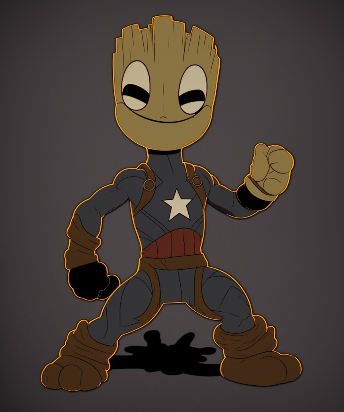 black and whte (ocds:1.3) style of a close portrait of baby groot mix captain america,  fleischer studios, high detailed, 4k