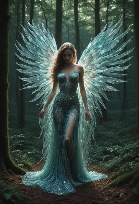 In the heart of an otherworldly forest, a shimmering figure emerges from the shadows: a spectral nymph draped in flowing, ethereal fabrics. This striking image, captured in a highly detailed photograph, showcases the intricate details of the nymph's iridescent wings and mysterious aura. The juxtaposition of darkness and light is expertly rendered, drawing the viewer into a realm of enchantment and mystery. Every element, from the delicately twisted branches to the unearthly glow of the nymph's skin, speaks to the unparalleled artistry of the photographer.