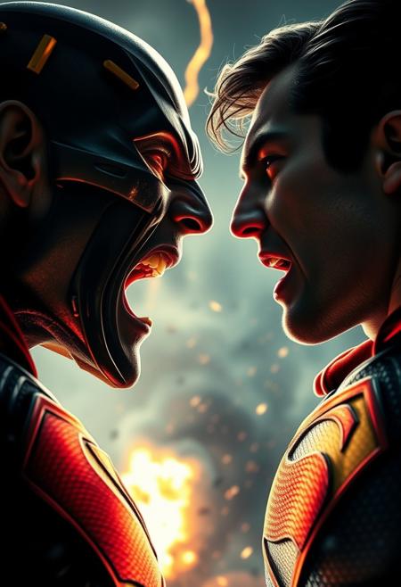 Badman and superman screaming at each other, face closeup, chaos, apocalyptic, movie poster style, cinematic lighting