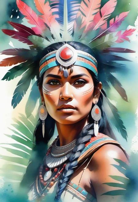 Double exposure reflected Digital watercolor Illustration of a of portrait of a warrior woman indian in the jungle with a lot of tribals decorations, soft Cinematic Volumetric lighting, flowery pastel colors