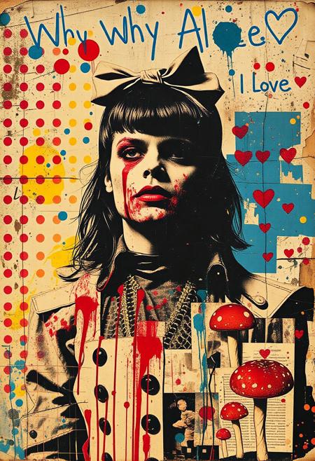 A pop art style of Butcher Billy mixed media collage artwork. Deconstructed, provocative, surreal, intense and chaotic composition. Street art textures, overlapping layers and vibrant retro colours. A distressed photocopy print of a magazine image of a punk dressed as Alice in Wonderland covered in blood. Print errors, halftone dots. grungy print registration errors. Overlaying this are multiple layers of vintage storybook images, hand-drawn shapes and patterns, bold paint splashes. Next are layered sections of repetitive brightly coloured dots are spraypainted in Yayoi Kusama style - smears and spray. Paint splattered and dripping. Torn magazine photos of knives and toadstools glued to the layers. These partially hide sections of the images below. On the top layer are rough hand-drawn shapes, abstract patterns and love hearts scrawled heavy-handedly in blue biro and Sharpie marker. Text: "Why Alice?"