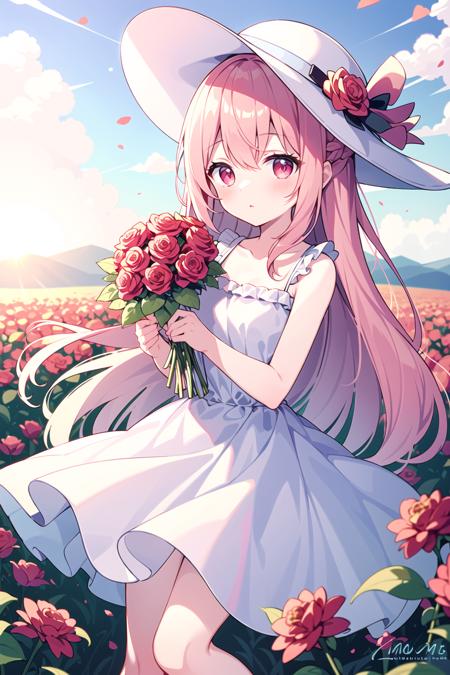 (masterpiece, best quality), 1girl,petite,toddler,flower, solo, dress, holding, sky, cloud, hat, outdoors, bangs, bouquet, rose, expressionless, blush, pink hair, flower field, red flower, pink eyes, white dress, looking at viewer, midium hair, holding flower, small breasts, red rose, holding bouquet, sun hat, white headwear, depth of field,