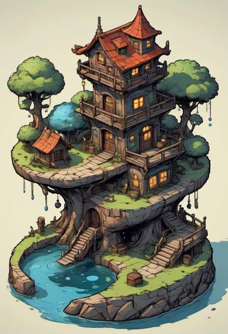 comic book magical little place on a miniature floating island made by surrealist sculptor isometric enchanted alternate dimension