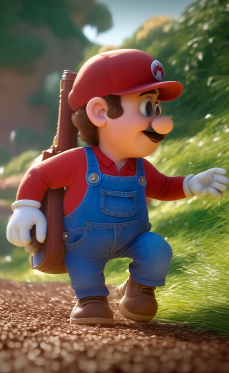 pixar style, mario bross, smile, smiling, excited, field, natural skin texture, big eyes, walking, looking to the side, looking at the ground , white gloves , fat
4k textures, hdr, intricate, highly detailed, sharp focus, cinematic look, hyper detailed, in mario bross clothing, sunset lighting , front lighting , moustache