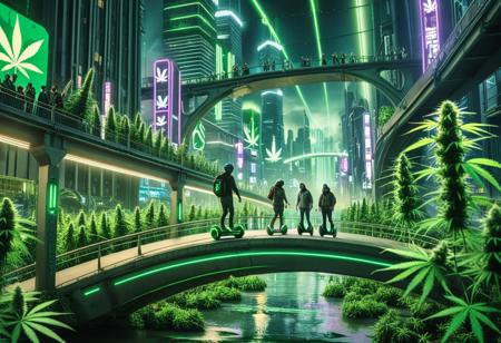 masterpiece, high quality, 420futurism,
people on hoverboards crossing a bridge, through dystopian hemp city.  
hemp plants hanging off buildings, grow lights, 
dramatic lighting, at night,