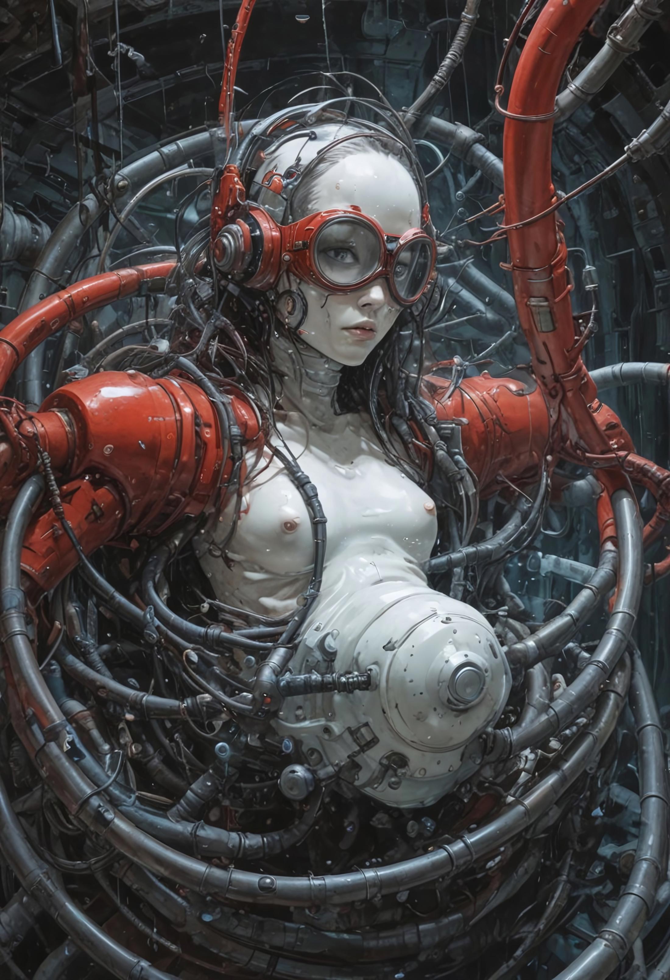 Blame! by Tsutomu Nihei like picture, paintbomb, inside a tank, red mechanical girl,  is laying in black goo inside a cylinder tank, sleeping, completely inside goo, white symbiotic cyborgs, cables through the body, eyes closed, breath bubbles, cyan spheres, white thick smoke, goggles, snorkel, cables and tubes everywhere, monitors everywhere