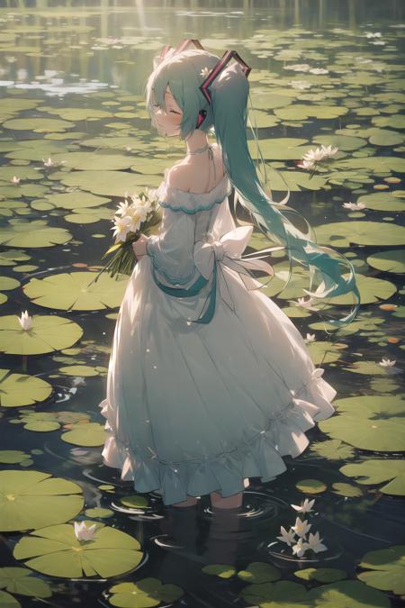 kahuka1, 1girl, hatsune miku, solo, dress, flower, long hair, white dress, twintails, very long hair, holding, white flower, water, wading, closed eyes, bare shoulders, off-shoulder dress, holding flower, off shoulder, aqua hair, standing, from behind, lily pad
<lora:kahuka-pynoise:1>