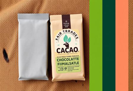 Sustainable & Ethical:
 * Name:  "Fair Trade Cacao" or "Sustainable Harvest Chocolate"
 * Concept:  Emphasize the ethical sourcing of the cacao beans and the sustainable farming practices used.  Support local farmers and promote environmental conservation.
 * Packaging:  Eco-friendly packaging made from recycled materials.  The label could feature information about the farmers and the sustainable practices used.
 * Target Audience:  Consumers who are environmentally and socially conscious.
Apply 60-30-10 rule: 60% Primary: Dusty Gray, Lime Green, Dark Green 30% Secondary: Light Beige, Saddle Brown 10% Accent: Light Salmon, Pale Cyan, Brick Red