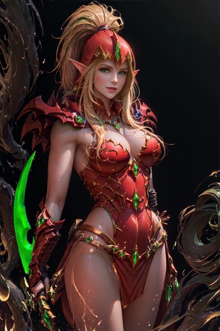 <lora:Valeera Sanguinar:1.1>,
masterpiece,best quality, ultra realistic 8k cg, ((transparent background)),
elvaan, (full body),((((looking at viewer)))),dynamic pose,((smile)), 
handsome face,((green eyes)),long eyebrows,pointed ears,blonde hair,ponytail,
red hood,red armor,red cape, ((((Holding a green crystal glowing dagger)))),
volumetric lighting,photorealistic,cinematic lighting,soft colors,realism, Surrealism, high detail, Hyperrealism, Verism, soft lighting,