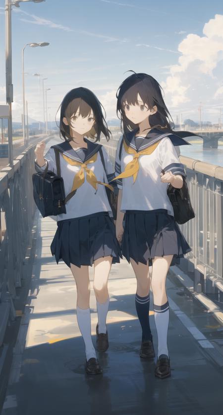 Veiling Glare, multiple girls, 2girls, outdoors, sky, skirt, school uniform, scenery, long hair, bag,  blue sky, bridge, short hair, serafuku, socks, cloud, day, shoes, neckerchief, black skirt, pleated skirt, lamppost, kneehighs, standing, sailor collar, school bag<lora:Veiling_Glare-pynoise:1>