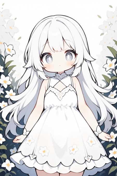 1girl, white hair, long hair, white eye, (many white flower:1.2), Front View, cute style, white dress