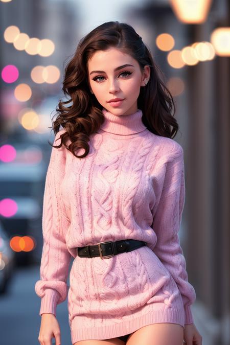 photo of madalina-4000:0.99, a woman, ((flip hairdo, fifties hair, fancy hair, 50s pinup hair):1.1)((cowboy shot, waist, hips, thighs):1.1), ((walking, outdoors, city street, at night, starlight, dreamy, gorgeous, falling star):1.1), ((lipstick, eyeliner, eye shadow)), ((pink turtleneck sweater dress):1.2),((best quality, masterpiece, extreme details):1.2), ((detailed eyes, beautiful eyes, detailed face, beautiful face):1.2)