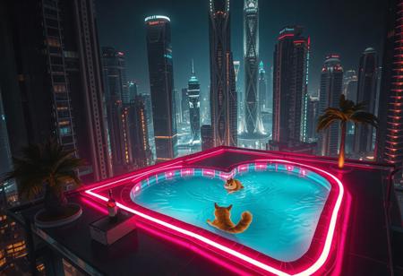professional photography, perfect timing, perfect quality, 16k, very detailed, highly detailed, realistic, photorealistic, scinematic, Volumetric lighting, depth of field, cinematic, vibrant, dynamic lighting, dramatic light. clear, bokeh, dark shadows, strong shadows, dramatic lighting, highly detailed, detailed birds sperspective shot of a futuristic mega-city. extrem tall but slim buildings. clear dark night. on the roof a building: a yellor cat is smimming in a big pool lighted by pink LED-strips around the heart shape, a box of iced bottles, palm tree, farn,