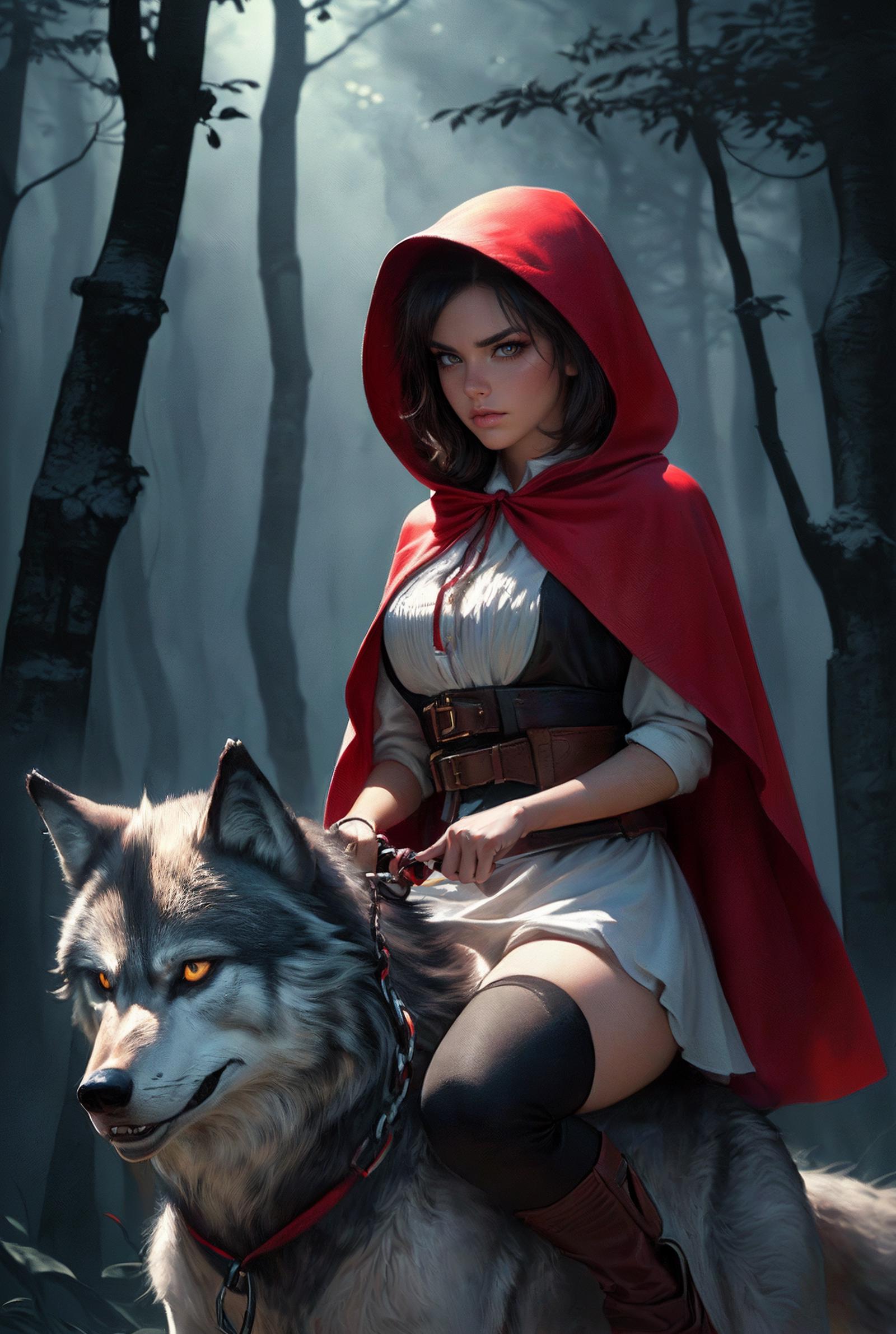 The Little Red Riding Hood character riding a wolf.