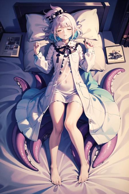 (masterpiece,best quality, detailed), bed, bed sheet, 1girl, solo, full body, lying, on back,original outfit, (nightgown), sleeping, closed eyes,origin, solo, tentacles, <lora:kirara-pynoise-OG-000009:1> ,