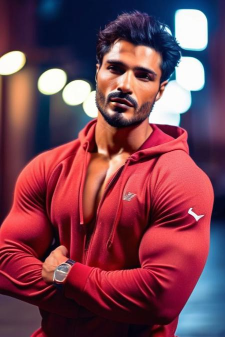 Mats Hummels a man <lora:vin-Mats-Hummels:1>, realistic photo in a worn ((skin-revealing skimpy erotic red tracksuit, massive hairy pecs)), big pecs, big arms, bulge, VPL, ((light bokeh)), intricate, (steel metal [rust]), elegant, erotic, exuding sexual energy, homoerotic, sharp focus, photo by greg rutkowski, soft lighting, vibrant colors, (masterpiece), ((streets)), (detailed face), looking at viewer, light smile, night, walking towards viewer, cinematic lighting, beautiful lighting, cinematic lighting, (hazy filter, film grain:1.2)