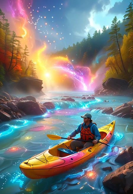 A kayaker on a raging mystic luminous river, rapids, pearlescent, multicolored,water drop, <lor, Dynamic , surreal, <lora:Mystic_Lumina_r1:0.9> <lora:add-detail-xl:0.6>
aesthetic brilliance with a dash of whimsy, vibrant colors and sparkling lights create an enchanting atmosphere, visually stunning, humorous, masterpiece, award-winning, professional, highly detailed, magnificent, celestial, ethereal, painterly, epic, majestic, magical, fantasy art, cover art, dreamy,unreal engine cinematic smooth, intricate detail, cinematic