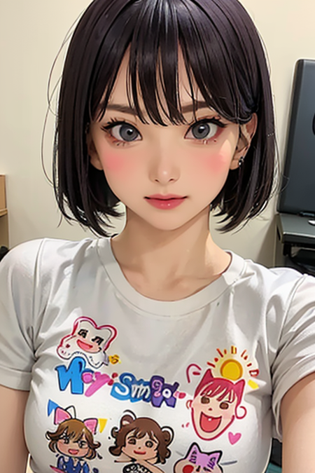 1girl, solo, looking at viewer, short hair, bangs, brown hair, shirt, closed mouth, white shirt, upper body, short sleeves, english text, lips, makeup, t-shirt, realistic, print shirt, sticker, emoji