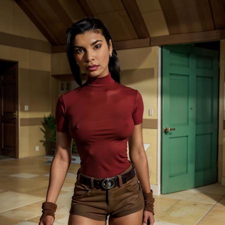 masterpiece,best quality,1girl ,solo, black hair,pony tail, breasts, red shirt, brown eyes, brown gloves,jewelry, medium breasts, ponytail, sidelocks, earrings, belt,brown shorts,indoors, dark skin, dark-skinned female, turtleneck, parody