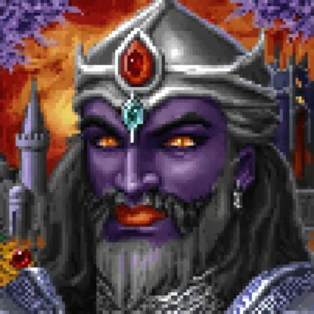medieval, giving a mystical and ethereal atmosphere. The dynamic purple background enhances his wild essence, fan-art, limited color palette, shimmering, Charity from Heroes of Might and Magic 2, slightly parted lips, interior scene, nature backdrop, including a central red gem and two smaller ones on either side. The helmet also has a chainmail coif that extends down the sides, jewel decoration, warlock outfit, Crag Hack from Heroes of Might and Magic 2, hinting at a mystical or wizard-like persona. The background is a vibrant swirling storm of red and orange hues, dungeon setting, red gemstone, a grey beard, Gothic castle, red-orange sky, blue lipstick, yellow teeth, Eirwen, woodlands, symbolic ornaments, laurel wreath, cone hairdo, dark, colorful makeup, embroidered details, jewel-toned makeup, Yog from Heroes of Might and Magic, savage, dark gray hair, castle tower, indicating a peaceful, golden lightnings, witch faction, autumnal, Luna, distant town silhouettes, Brother Brax from Heroes of Might and Magic 2, red gem, floral background, farm class, red eye shadow, ceremonial wrap, a small skull on the right side, floral patterns, skull headdress, Zom from Heroes of Might and Magic, ominous trees, Vatawna from Heroes of Might and Magic 2, necromancer class hero, a lit fireplace, silver tiara, Solmyr from Heroes of Might and Magic 2, blue makeup, aged look, and landscape with a pink flowering sakura tree and limestone castle under a blue sky with clouds at the back., Gallavant from Heroes of Might and Magic 2, green hues, Ector from Heroes of Might and Magic, and the lips are also tinted purple.The character is dressed in a luxurious golden garment with intricate brown patterns and blue button embellishment on collar. The background depicts a stylized medieval cityscape with a street next to a tavern and various geometric shaped buildings with glowing windows with shades of blue and orange, intricate headband, star necklace, green fields, Fineous, simple armor, providing a stark contrast to the character's dark features.