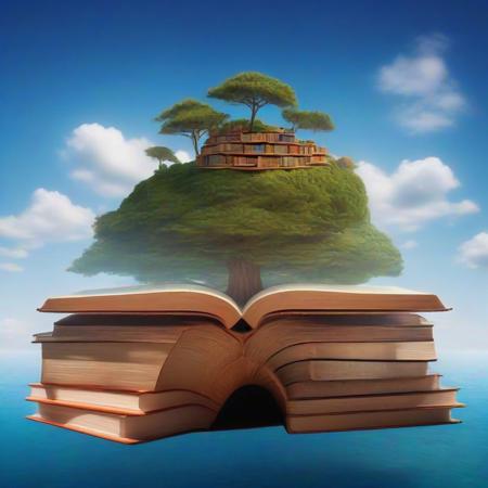 Picture an island floating in the sky, entirely composed of giant floating books with pages open