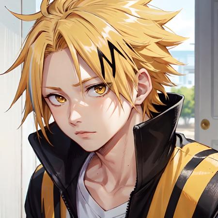 kaminari denki\(boku no hero academia\), 1boy, solo, looking at viewer, male focus, bangs, short hair, blonde hair, multicolored hair, spiked hair, yellow eyes, close-up