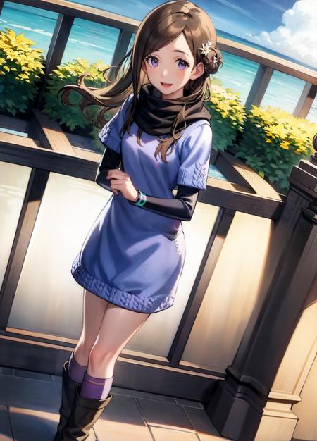 masterpiece, official art, dynamic angle, 1girl, outdoors cruise ship balcony ocean beautiful sunlight blue sky clouds, looking at viewer, smiling  <lora:akaneze-15:1>, akaneze, dress, knee boots, long sleeves, layered sleeves, hair ornament, hair flower, scarf