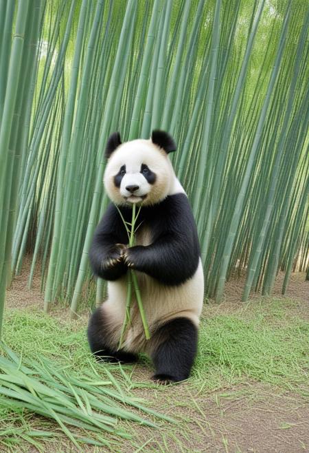 An ultra-realistic image of a panda in a lush bamboo forest. The panda is standing upright on its hind legs, playfully interacting with the bamboo surrounding it. The sunlight filters through the leaves, casting soft shadows across the forest floor. The panda’s fur looks soft and realistic, with its signature black-and-white pattern, and the atmosphere feels peaceful and vibrant. The tall bamboo stalks tower above, creating a serene environment.