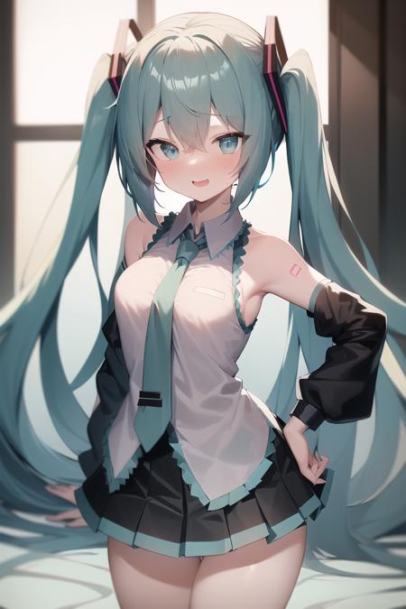 master, chief <lora:hatsunemikugc-02:0.9>,hatsune miku,1girl,masterpiece,best quality,absurdres,perfect anatomy,solo,naughty_face,:d,shirt,aqua hair,aqua eyes,sleeveless shirt,aqua necktie,skirt,black skirt,medium breasts,blue hair,sleeveless,collared shirt,long sleeves,grey shirt,hands_on_hips,