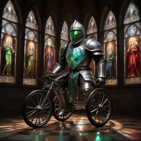 cs-cr1stal-v2, score_10 , score_9_up, score_8_up, score_7_up , score_6_up, a realistic stained glass armored knight is riding a toddler tricycle made of stained glass, glowing eyes, armor made of stained glass, night background, moon, eerie atmosphere, gothic, grim dark, fantasy art, medieval, detailed light silver and white armor, eerie glow, full armor made of stained glass, green glowing eyes, cape made of stained glass, rocky ground, fantasy creature, stained glass theme, fantasy setting, high contrast, detailed stained glass textures, ominous, realistic lighting, haunting, eerie glow, medieval fantasy, gothic style, detailed rendering, fantasy character, stained glass ambiance, eerie environment, fantasy creature, armored knight, glowing eyes, riding a toddler tricycle, knight over toddler tricycle, toddler tricycle made of stained glass, stained glass, realistic castle, castle made of stained glass, castle background, smiling