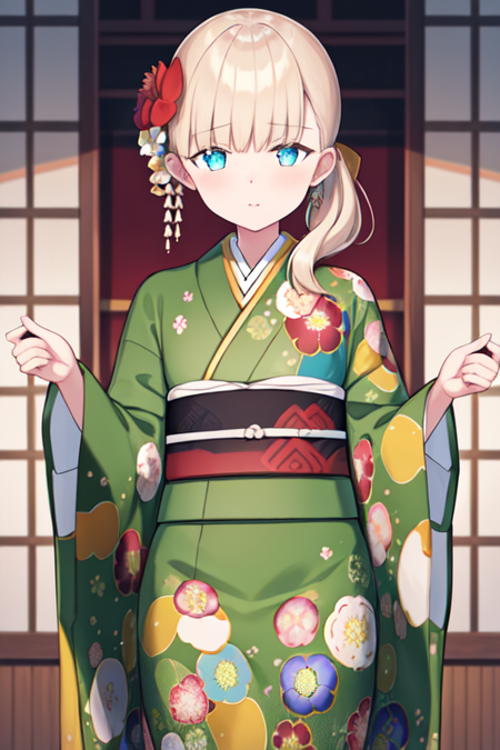 shinyouKC, long hair, skirt, hair ornament, blunt bangs, side ponytail, hakama skirt, dougi,short sleeves,red hakama,grey gloves