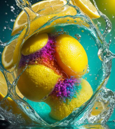 In this highly detailed and photorealistic abstract artwork, we explore the captivating world of a lemon immersed in a liquid splash. Inspired by the renowned 3D artist Beeple, the image showcases intricate detail and a merging of vibrant colors.