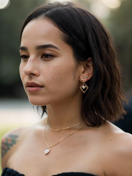 Realistic photo of a beautiful z03k woman,1girl,solo,short hair,black hair,brown eyes,jewelry,closed mouth,collarbone,earrings,mole,blurry,lips,looking to the side,blurry background,looking away,piercing,ear piercing,portrait,freckles,realistic,nose,nose piercing,soft lighting, professional Photography, Photorealistic, detailed, RAW, analog, sharp focus, 8k, HD, high quality, masterpiece<lora:z03k:1.0>