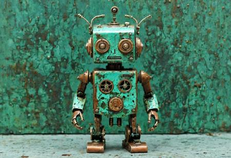 Adorable miniature robot, patina metal skin, PMS style, tiny weathered copper chassis, microscopic rust patterns, delicate verdigris blooms, tarnished brass components, oxidized silver joints, aged patina finish, intricate surface corrosion detail, vintage clockwork aesthetics, soft natural lighting, macro photography depth, steampunk workshop setting, 8k detail, award winning composition