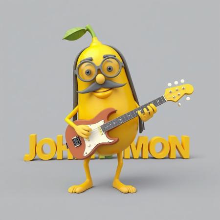 3D, A lemon with legs and arms playing a guitar. The lemon has a long nose, round glasses, a mustache, and long hair. The letters spell out "John Lemmon."